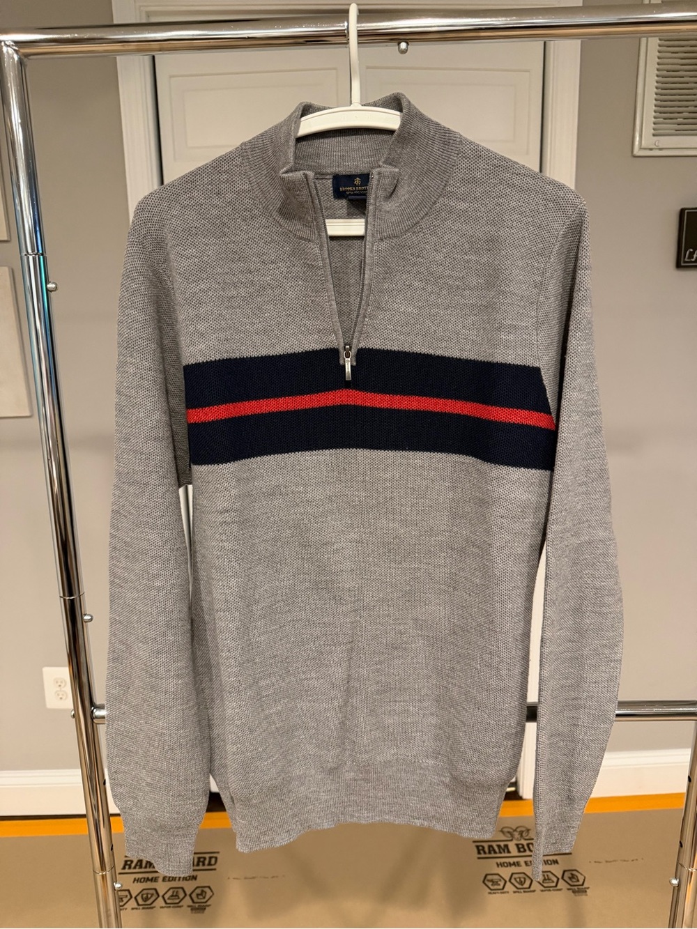 Men's Brooks Brothers Grey Quarter-Zip Sweater with Navy & Red Stripe